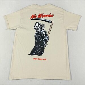 Last Call Co Shirt Mens Medium‎ Beige No Worries Skull Grim Reaper Graphic Tee